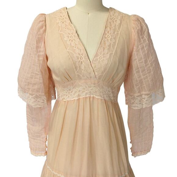 Gunne Sax Pink Peachy Maxi Dress Size 11 S Vintage 70s Overlay Sleeves Prairie - Picture 3 of 11